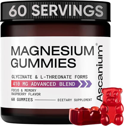 Magnesium Gummies - 410mg of Elemental Magnesium Glycinate & L-Threonate Supplement Complex - Vegan Magnesium Glycinate Gummies for Calm Mood, Muscle & Heart Support - Chewable Magnesium Gummy 60 pcs