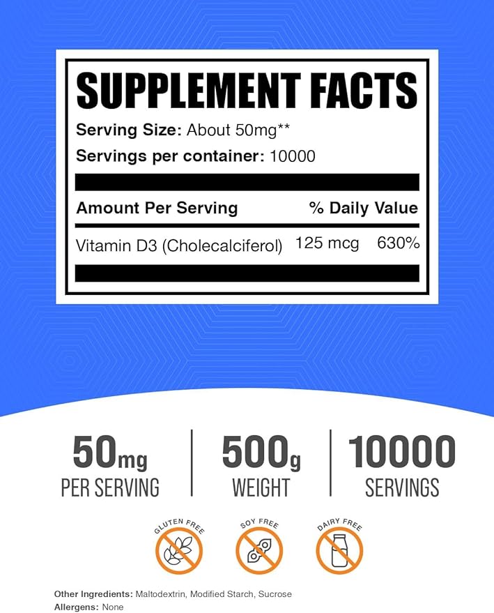 BulkSupplements.com Vitamin D3 Powder - Cholecalciferol, Vitamin D Supplements, 5000 IU - Gluten Free, 50mg (125mcg of Vitamin D3) per Serving, 500g (1.1 lbs) (Pack of 1)