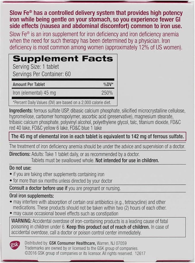 Slow Fe, High Potency Iron 45 mg, Slow Release - 60 Tablets - Pack of 2