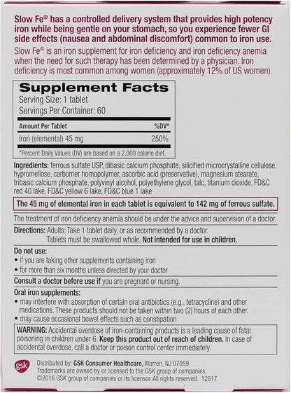 Slow Fe, High Potency Iron 45 mg, Slow Release - 60 Tablets - Pack of 2