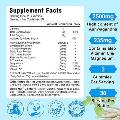 2 Pack Ashwagandha Gummies for Women Men, Sugar Free Organic Ashwagandha Gummies Supplement for Relax Restore Balance, Vegan Gluten Free, 120 Count