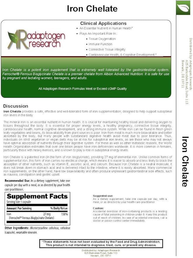 | Iron Chelate | 27 mg of Iron | Very High Absorption | 120 Capsules