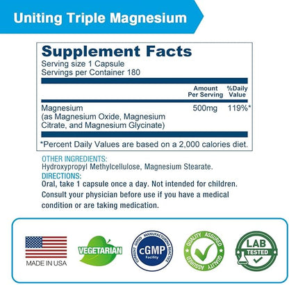 Lovita Triple Magnesium Complex 500mg, High Absorption and Potency Formula, Glycinate, Citrate & Oxide, Support Sleep, Relaxation, Heart, Nerves & Bone Health, 180 Vegan Capsules (Pack of 3)