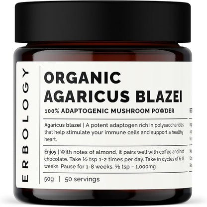 Erbology Organic Agaricus Blazei Mushroom Powder 50 Servings - 25% Beta-glucans - Immunity and Heart - Small Batch - Sustainably Grown in Europe - Vegan - Non-GMO - No Added Fillers