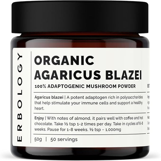Erbology Organic Agaricus Blazei Mushroom Powder 50 Servings - 25% Beta-glucans - Immunity and Heart - Small Batch - Sustainably Grown in Europe - Vegan - Non-GMO - No Added Fillers