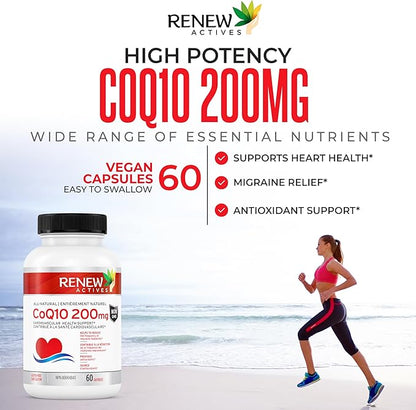 Renew Actives CoQ10 Ubiquinone Supplement 200MG per Serving – Supports Heart Health, Migraine Relief, Immune System Boost Antioxidant Support & Energy – High Potency, Made in Canada - 60 Capsules