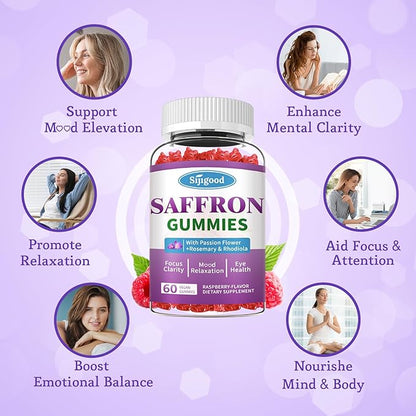 Saffron Gummies - Sugar Free Saffron Supplement for Men Women Mood Support Supplement with Saffron Extract, Passion Flower, Magnesium & Vitamins for Relaxation, Focus, Raspberry Flavor, 60 Count