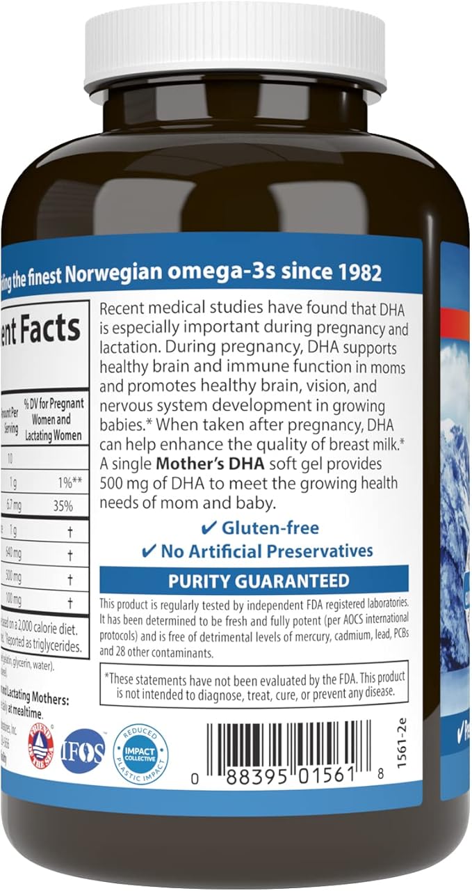 Carlson - Mother's DHA, 500 mg DHA, Prenatal Support, Fetal Development & Immune Health, 120 Softgels