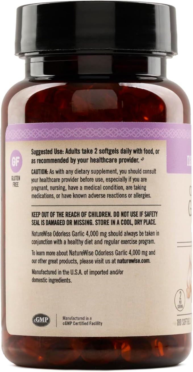 NatureWise Odorless Garlic Supplement 4000mg - Ultra Potent 100:1 Extract - Healthy Cholesterol Formula, Heart Health Support - Non-GMO, Gluten Free, with Halal Gelatin - 180 Count[90-Day Supply]
