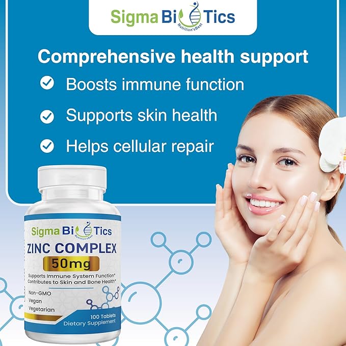 Sigma Biotics High-Potency Zinc 50mg Supplement - Supplements for Immune Support & Skin Health - Non-GMO Mineral Supplement with Zinc Oxide & Citrate - 60 Tablets