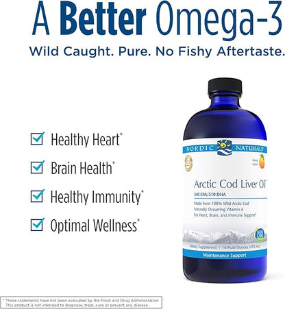 Nordic Naturals Pro Arctic Cod Liver Oil, Orange - 16 oz - 1060 mg Total Omega-3s with EPA & DHA - Heart & Brain Health, Healthy Immunity, Overall Wellness - Non-GMO - 96 Servings