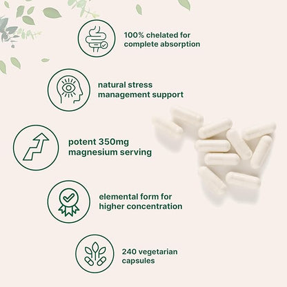 Micro Ingredients Magnesium Glycinate 350mg Per Serving, 240 Veggie Capsules | Potent Elemental Form, 100% Chelated, Highly Bioavailable | Healthy Muscle, Bones, & Mood Support Supplement | Non-GMO