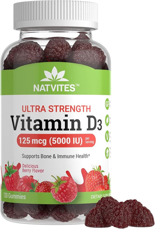 Ultra-Strength Vitamin D Gummies for Adults - D3 Vitamin 5000 IU (125mcg) Berry Flavored Supplement for Bone, Immune and Heart Health - Non-GMO, Gluten Free, Vegetarian, Nut and Dairy Free (120 Count)