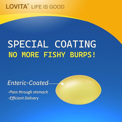 Lovita rTG 90 Mini Fish Oil, 2000mg Daily| High Absorption rTG Form, 90% Omega-3 | Burpless, Easy to Swallow | Support Healthy Heart, Brain and Eyes | 120 Enteric-Coated Softgels (Pack of 3)