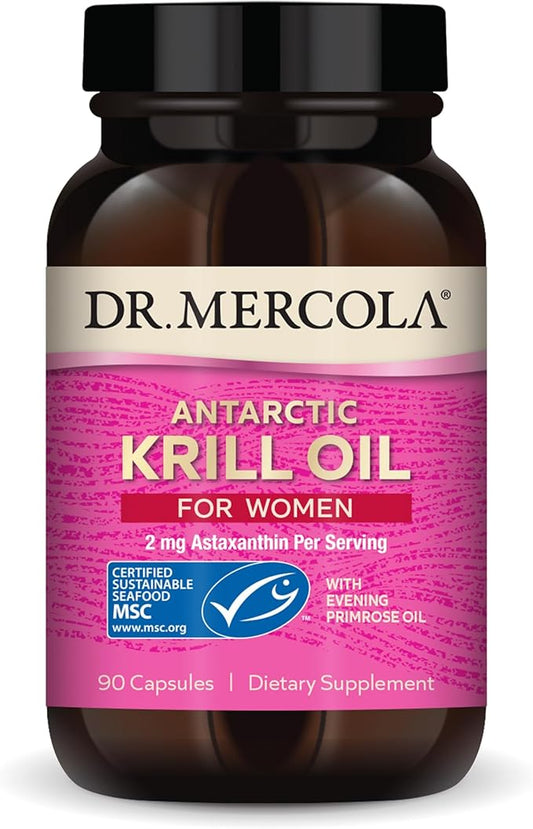 Dr. Mercola Krill Oil for Women - 2 mg Astaxanthin - MSC Certified Sustainable - Supports Brain, Skin & Immune Systems - with Omega-3s - Non-GMO, Gluten-Free & Soy-Free - 90 Capsules (30 Servings)
