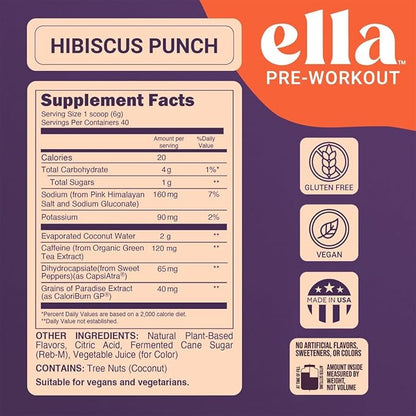 Naked Ella Pre Workout Powder, Hibiscus Punch Amino Energy with Vegan BCAA Amino Acids, Natural Caffeine, Preworkout Boost for Men & Women, 30 Servings