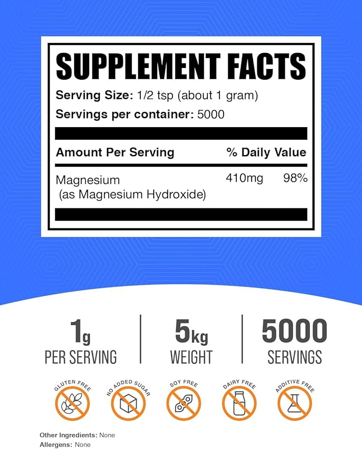 BulkSupplements.com Magnesium Hydroxide Powder - Magnesium Hydroxide Supplement - Food Grade & Gluten Free, 1g per Serving, 1kg (Pack of 5) (11 lbs)