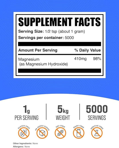 BulkSupplements.com Magnesium Hydroxide Powder - Magnesium Hydroxide Supplement - Food Grade & Gluten Free, 1g per Serving, 1kg (Pack of 5) (11 lbs)