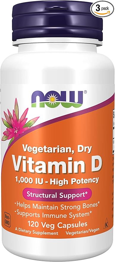 NOW Foods Vitamin D-2 1000 IU High Potency - 120 Vegcaps, Pack of 3
