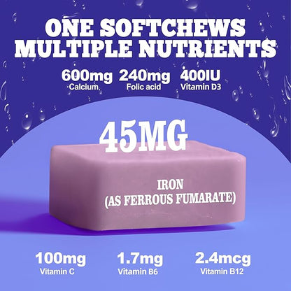 Iron Soft Chew Supplement with Vitamin C | Blueberry Flavored | Gluten Free | Iron Supplement for Women Men and Kids | 60 Count | 2 Month Supply