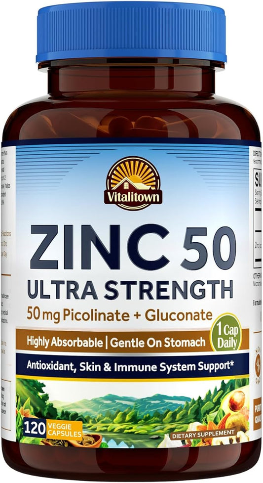 Vitalitown Zinc 50 mg, Zinc Picolinate, Zinc Gluconate, 120 Veggie Capsules, No Zinc Oxide, Well-Absorbed, Chelated Zinc Supplement, Immune System, Healthy Skin & Development, Vegan, Non-GMO