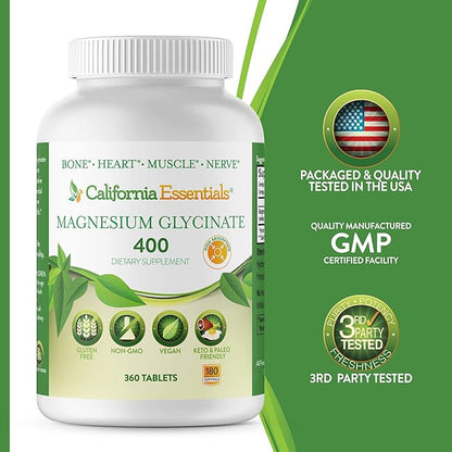 California Essentials Magnesium Glycinate 400 - Chelated, High Absorption Elemental Magnesium for Muscle Relief, Bone & Heart Support -Vegan, Non-GMO, Gluten-Free (360 Counts (Pack of 1))