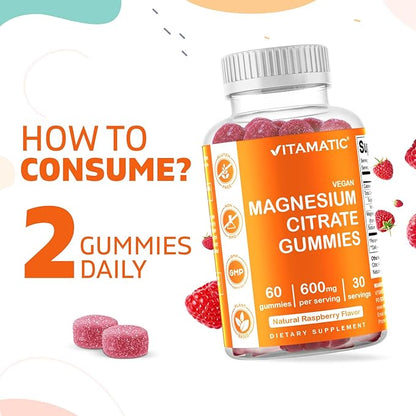 Vitamatic Magnesium Gummies 600mg per Serving – 60 Vegan Gummies – Relaxation, Muscle, Bone & Energy Support – 3 Pack