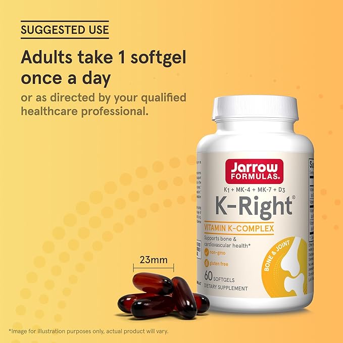 Jarrow Formulas K-Right - Vitamin K-Complex (K1, MK-4, MK-7, D3) - 60 Servings (Softgels) - Dietary Supplement for Bone & Cardiovascular Health Support - Vitamin K2 MK-7 - Gluten Free, Pack of 12