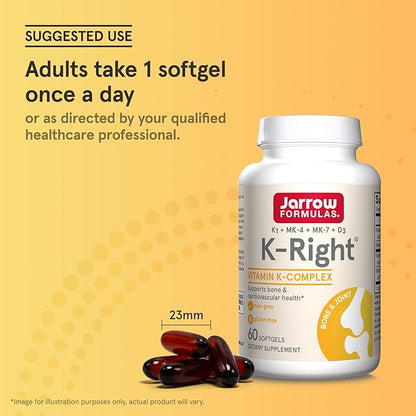 Jarrow Formulas K-Right - Vitamin K-Complex (K1, MK-4, MK-7, D3) - 60 Servings (Softgels) - Dietary Supplement for Bone & Cardiovascular Health Support - Vitamin K2 MK-7 - Gluten Free, Pack of 12