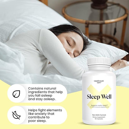 Sleep Well Natural Sleep Aid – Non-Habit Formula Supplement for Adults w/Magnesium, L-Theanine, GABA & Serotonin – Sleep Support Supplement for Adults (60 Capsules, 30 Servings)