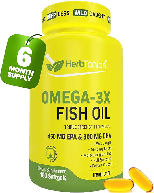 Herbtonics Triple Strength 1250 mg Omega 3 Fish Oil Softgels | High EPA 450 mg + DHA 300 mg | Omega 3 Supplement for Healthy Heart Support | Burp Less Fish Oil Supplement - 180 Softgels