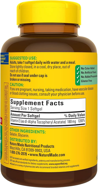 Nature Made Vitamin E 180 mg (400 IU) dl-Alpha, Dietary Supplement for Antioxidant Support, 300 Softgels, 300 Day Supply
