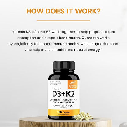Vitamin D3 K2 5000 IU 120 Capsules (Pack of 2)| with Zinc, Magnesium & Quercetin | 5000IU of D3, 120mcg K2 | Superior Absorption, Supports Natural Energy, Immune, Bone & Muscle Health for Men & Women