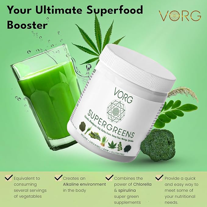 VORG SuperGreens – Organic Green Superfood Powder | Chlorella, Barley Grass, Moringa, Spirulina, Wheatgrass | Probiotics, Digestive Enzymes & Fiber for Energy, Detox & Gut Health (5.92)