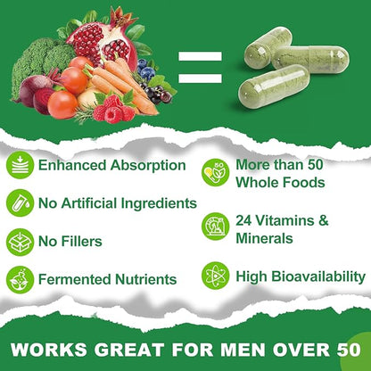 Multivitamins for Men 50 Plus, Whole Food Multivitamin Organic Based Superfoods Supplement for Men 50+ for Brain, Heart and Eye Health, Improve Digestion & Prostate Health, 120 Capsules