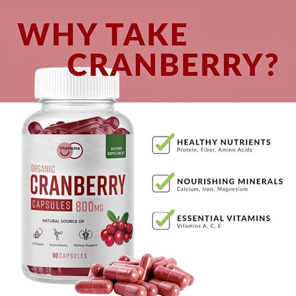 Organic Cranberry Extract Capsules, 800 MG Per Serving, Whole Fruit Cranberry & Cran-Max, Natural Source of Proanthocyanidins (PACs), Antioxidants & Nutrients, Vegan, Non GMO, 60 Capsules