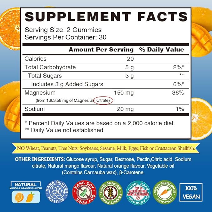 Magnesium Gummies for Kids & Adults, Magnesium Citrate Supplements for Sleep, Muscle/Bone and Relaxation, Chewable Magnesio, Mango | 60 Vegan Bears