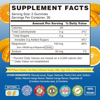 Magnesium Gummies for Kids & Adults, Magnesium Citrate Supplements for Sleep, Muscle/Bone and Relaxation, Chewable Magnesio, Mango | 60 Vegan Bears