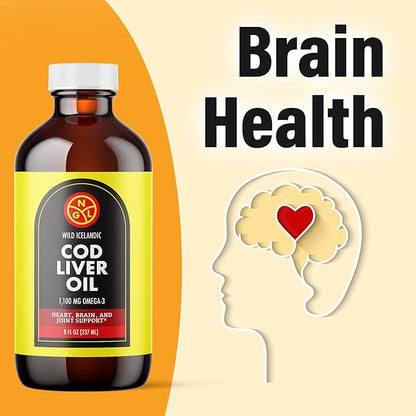 NGL Pure Cod Liver Oil - Wild Icelandic - 1,100 mg Omega-3 + Natural Vitamin A & D - Heart and Brain Health, Joint Support 8 Fl Oz