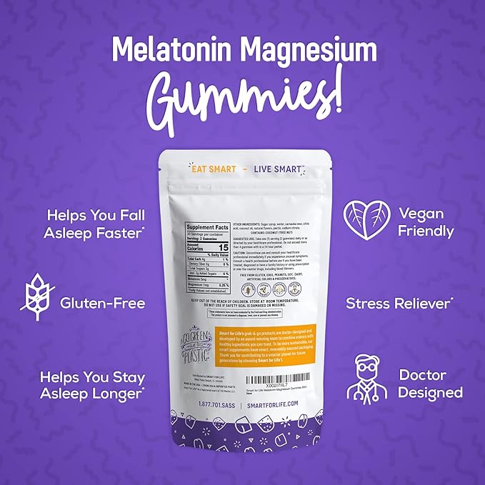 SMART FOR LIFE Melatonin Gummies 5mg W/Magnesium - 60 Count - Plant Based Vegan Melatonin Gummies - Strawberry Flavor Sleep Gummies - Heart & Bone Health Dietary Supplement - Adult Melatonin Gummies