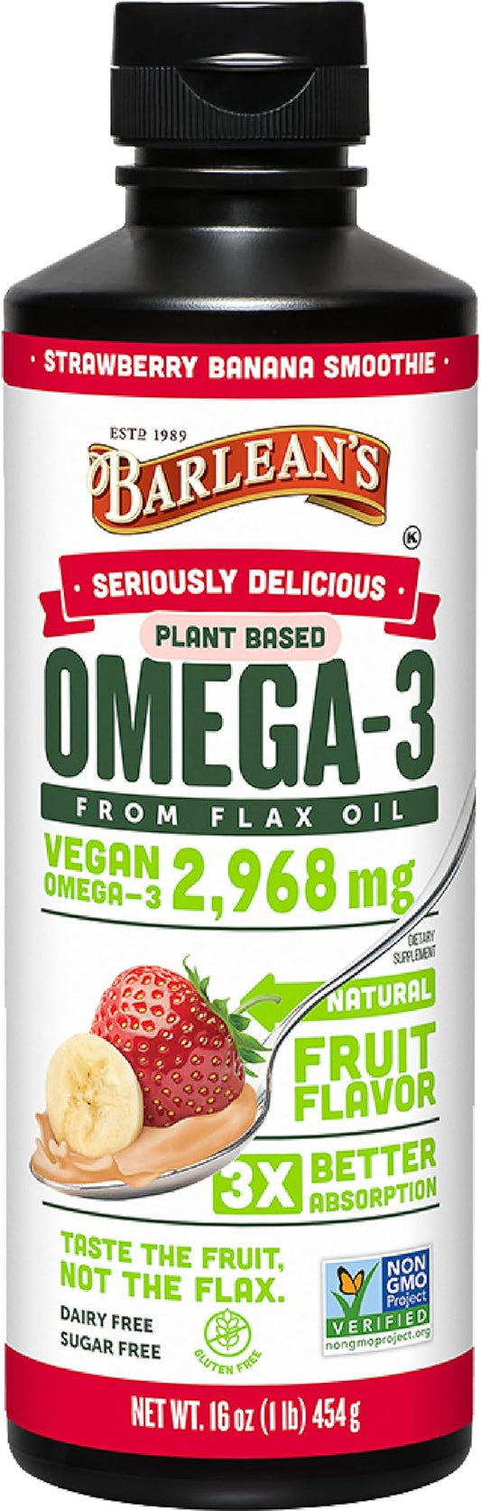 Barlean's Strawberry Banana Omega 3 Liquid Flaxseed Oil with 2,968 mg Vegan Omegas 3 6 9, Smoothie Supplements for Kids and Adults, Non-GMO and Gluten Free, 16 oz