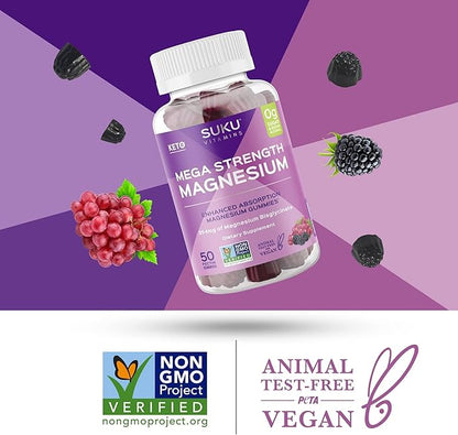 Mega Strength Magnesium - 177 mg of Magnesium Bisglycinate Gummies for Muscle Function - Easy to Chew - Non GMO, Gluten Sugar Free - Grape BlackBerry Flavored Gummy Vitamins (50 Count)