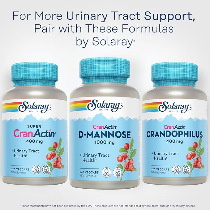 SOLARAY D-Mannose 1000mg with CranActin Cranberry Extract - D Mannose Cranberry Supplement with Vitamin C - Supports Urinary Tract and Bladder Health - Vegan, 60 Day Guarantee, 60 Serv, 120 VegCaps