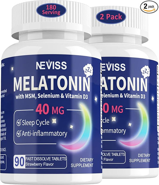Melatonin 40 mg for Adults - Fast Dissolve & Chewable Sublingual Sleep Supplement - Extra Strength Melatonin with Vitamin D3 & MSM, Selenium for Health Rest Cycle, Deep Zzzs, Sugar-Free, 180 Servings