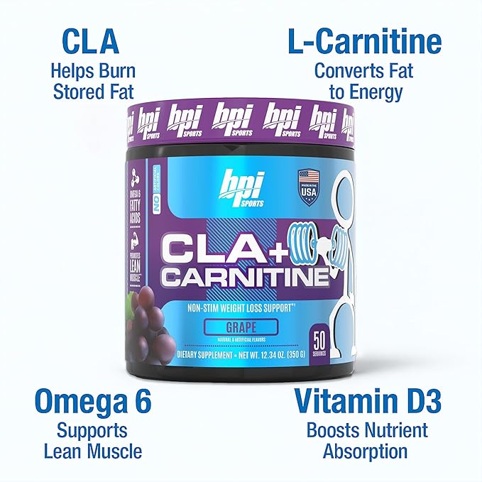 BPI Sports CLA + Carnitine – Conjugated Linoleic Acid – Performance, Lean Muscle – Caffeine Free – for Men & Women – Grape – 50 Servings – 12.34 Oz. (Packaging May Vary)