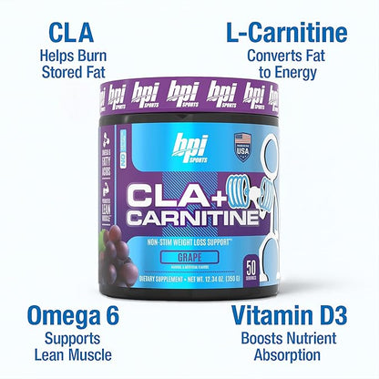 BPI Sports CLA + Carnitine – Conjugated Linoleic Acid – Performance, Lean Muscle – Caffeine Free – for Men & Women – Grape – 50 Servings – 12.34 Oz. (Packaging May Vary)