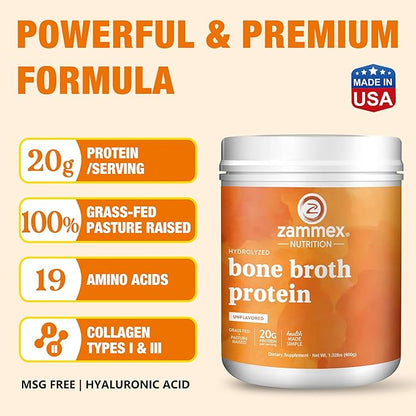 Zammex Pure Grass Fed Beef Bone Broth Protein Powder,20g Protein, Hydrolyzed Collagen Supplement for Healthy Skin,Nails,Hair,Joints, Non-GMO,Gluten Free,Paleo & Keto Friendly, Great in Soup