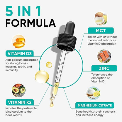 Venture Pal High-Potency Vitamin D3 10,000 IU & 200 mcg K2 (MK-7) Liquid Drops with Magnesium, Zinc & MCT Oil | Immune System Health, Bone Support, Mood Improvement | 2 Fl Oz Pineapple Supplement