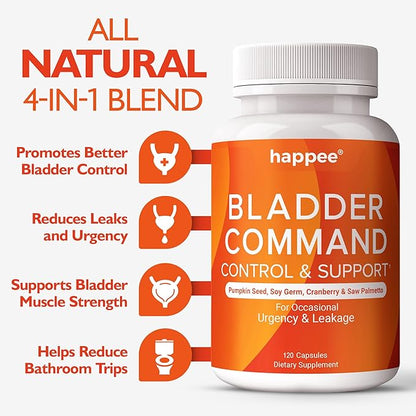 Bladder Control Supplement for Women & Men - 120 Capsules with Pumpkin Seed Extract, Soy Germ Extract, Saw Palmetto & Cranberry | 4-in-1 Active Bladder Support for Urinary Frequency, Leaks & Urgency
