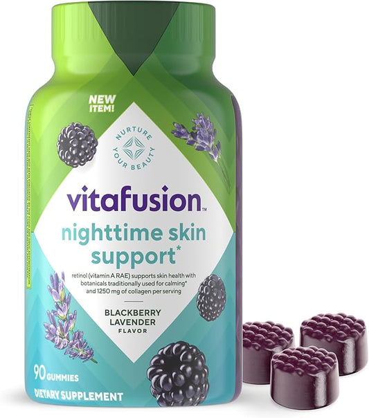 Vitafusion Nighttime Skin Support (1), Beauty Supplement with Retinol (Vitamin A RAE), Collagen & Bedtime Botanicals, BlackBerry Lavender Flavor, 90 Count
